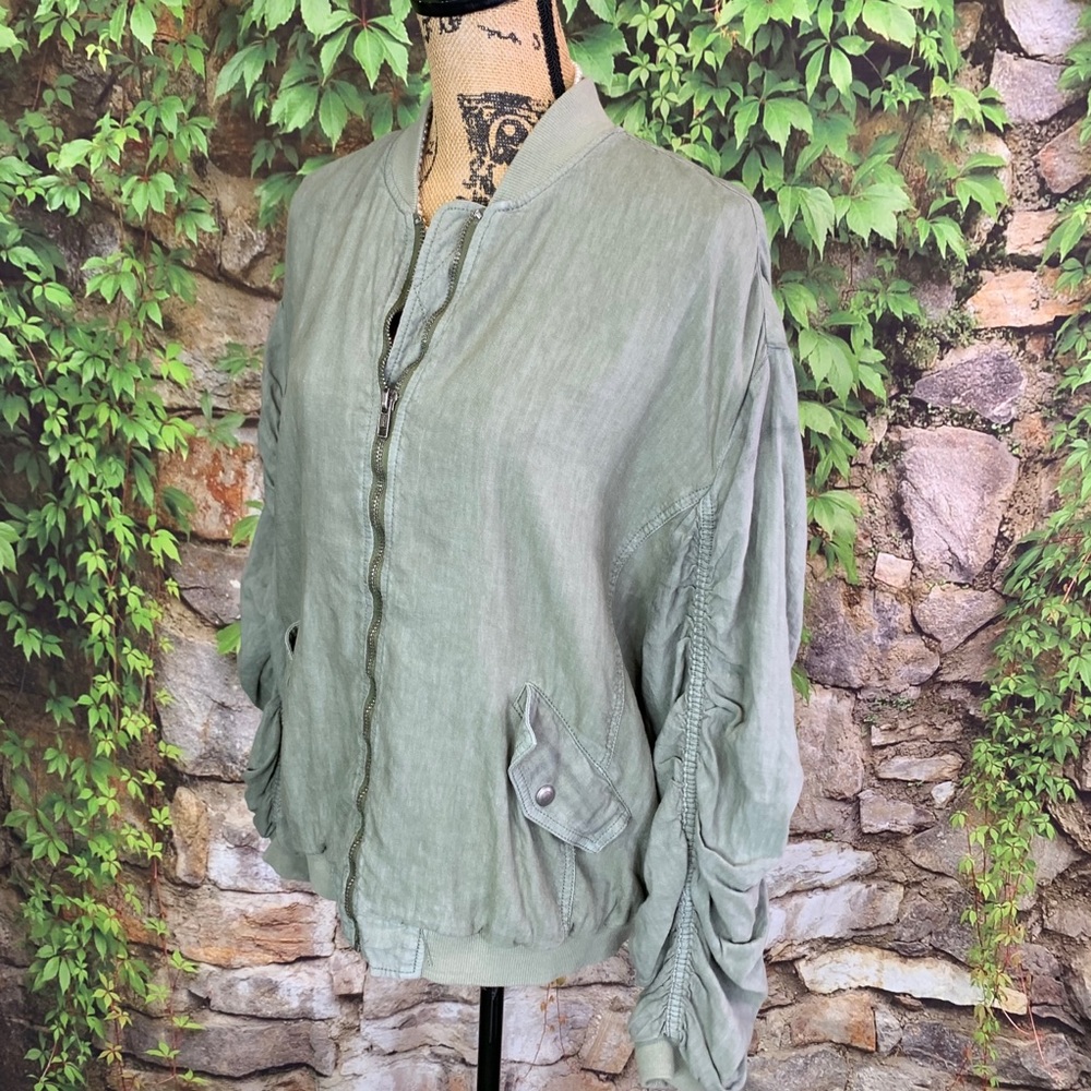 FREE PEOPLE Festival Wear Ruched Linen Oliver Green Bomber Jacket, S - Picture 7 of 16